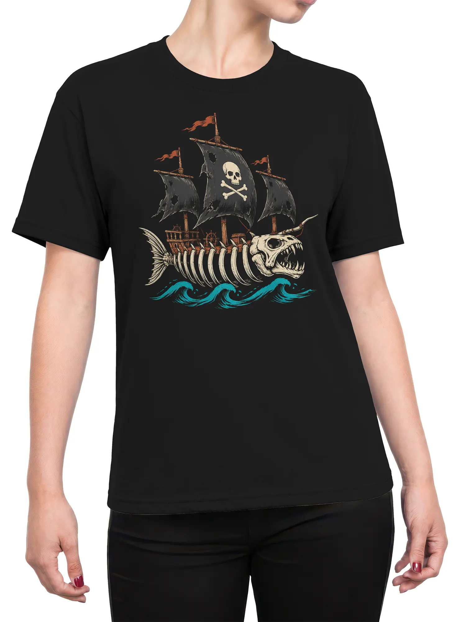 Female torso wearing black pirate t-shirt with skull ship and fish skeleton graphic