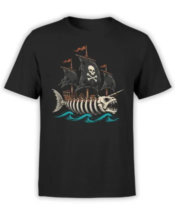 Black pirate t-shirt with skull ship, torn sails, fish skeleton, and turquoise waves