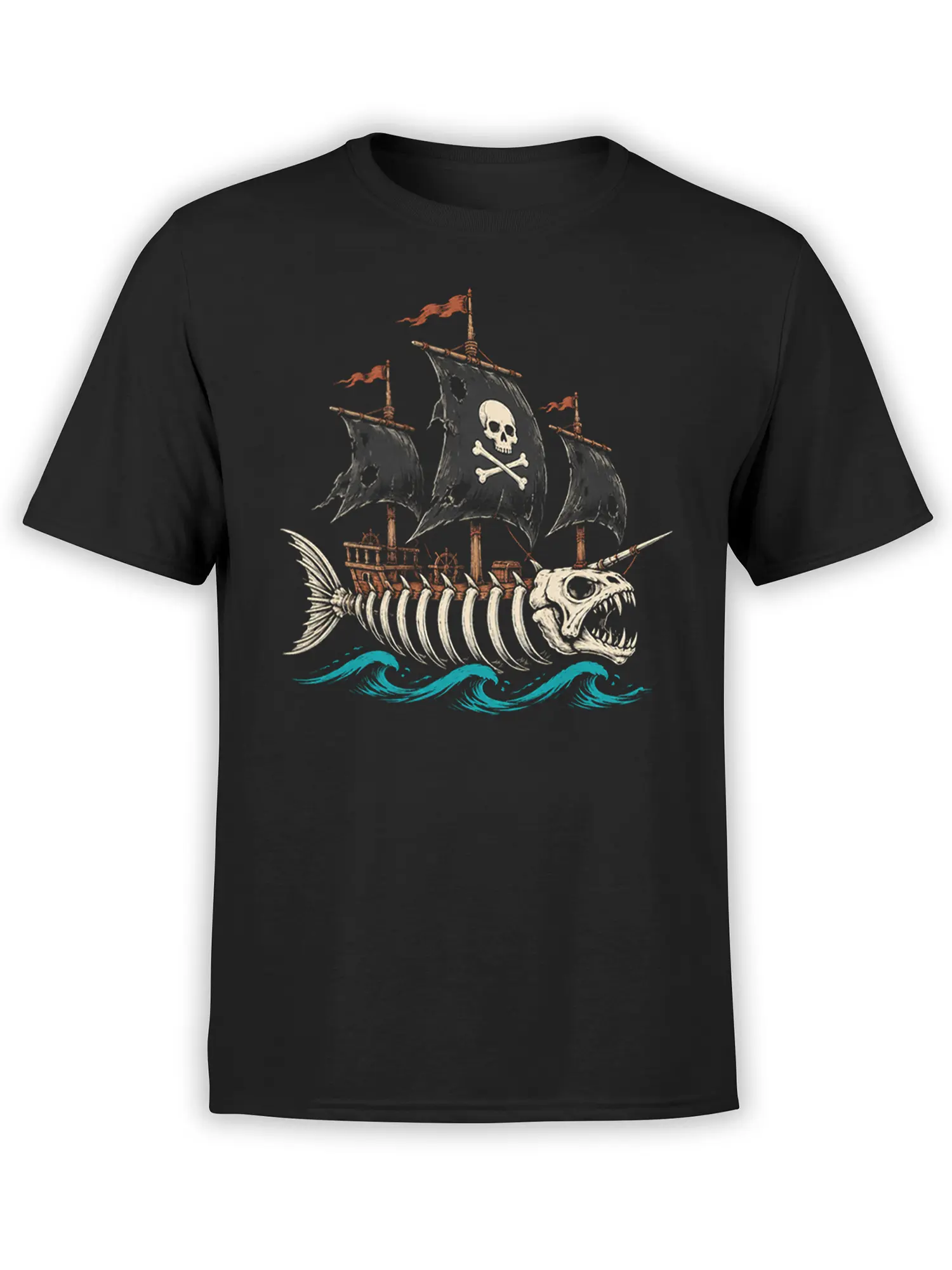 Black pirate t-shirt with skull ship, torn sails, fish skeleton, and turquoise waves