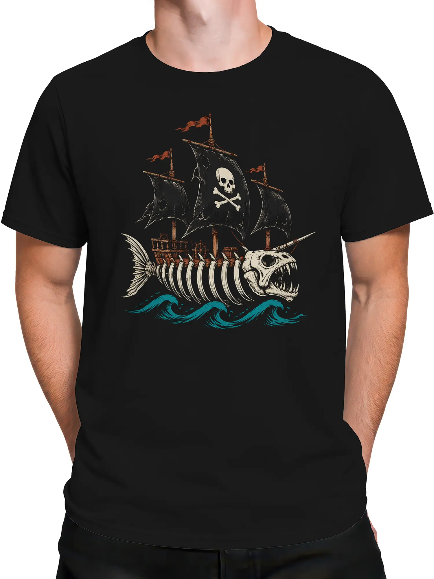 Male torso wearing black pirate t-shirt with skull ship and fish skeleton graphic