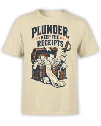 Beige pirate t-shirt with treasure chest, scrolls, sword, skull detail, and “Plunder Keep the Receipts” artwork