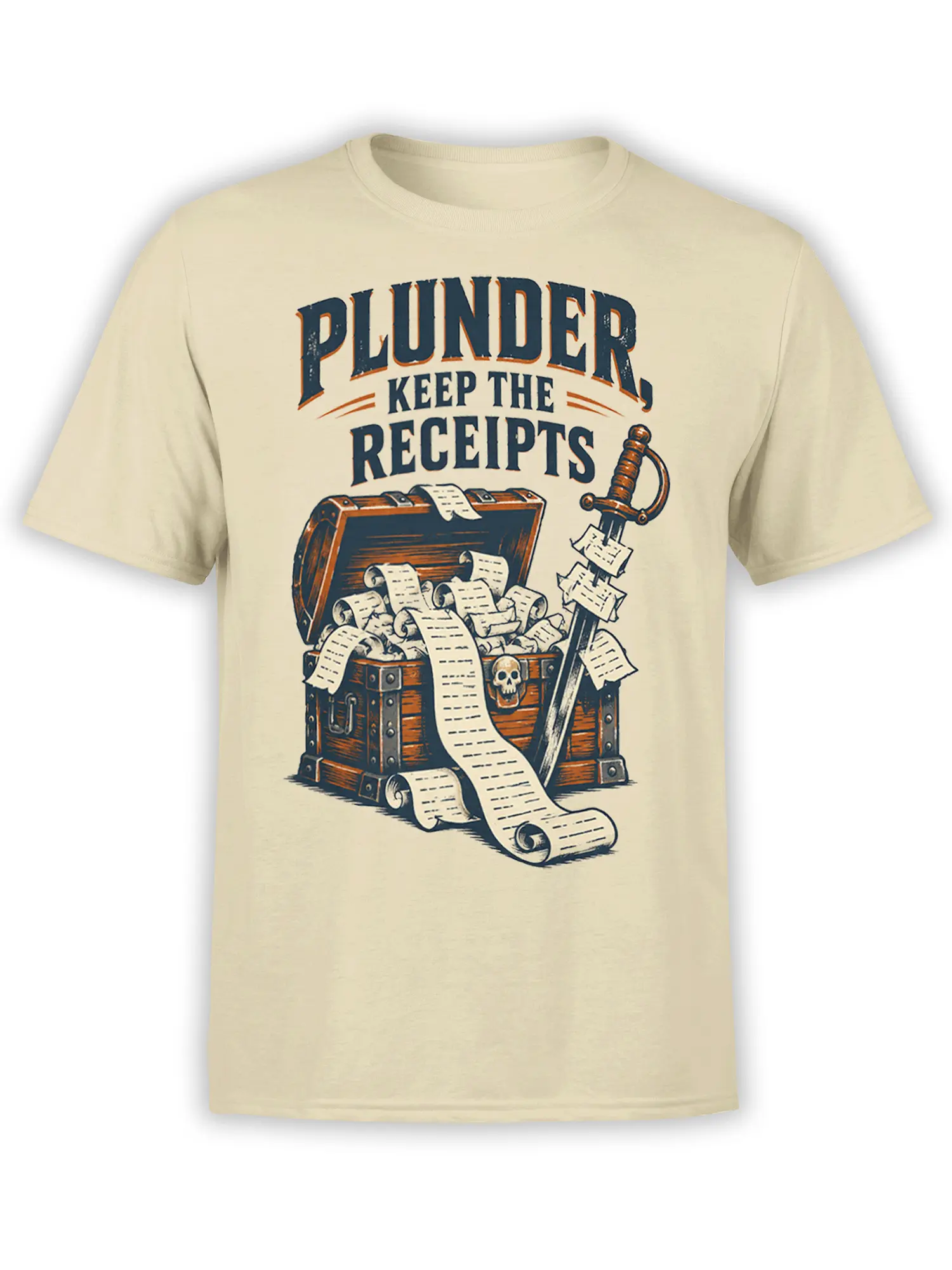 Beige pirate t-shirt with treasure chest, scrolls, sword, skull detail, and “Plunder Keep the Receipts” artwork