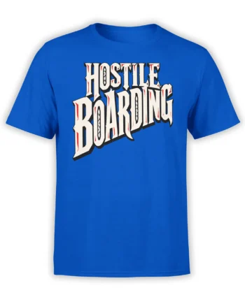 Blue motivational T-shirt with bold cream HUSTLE RANKING lettering and vintage black and red graphic accents