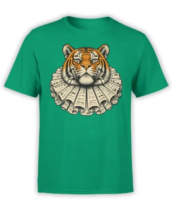 Green T-shirt with a detailed orange tiger portrait framed by rolled papers in a vintage engraved style