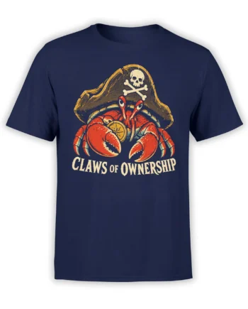 Vintage pirate crab graphic with skull hat and “Claws of Ownership” text on a navy T-shirt