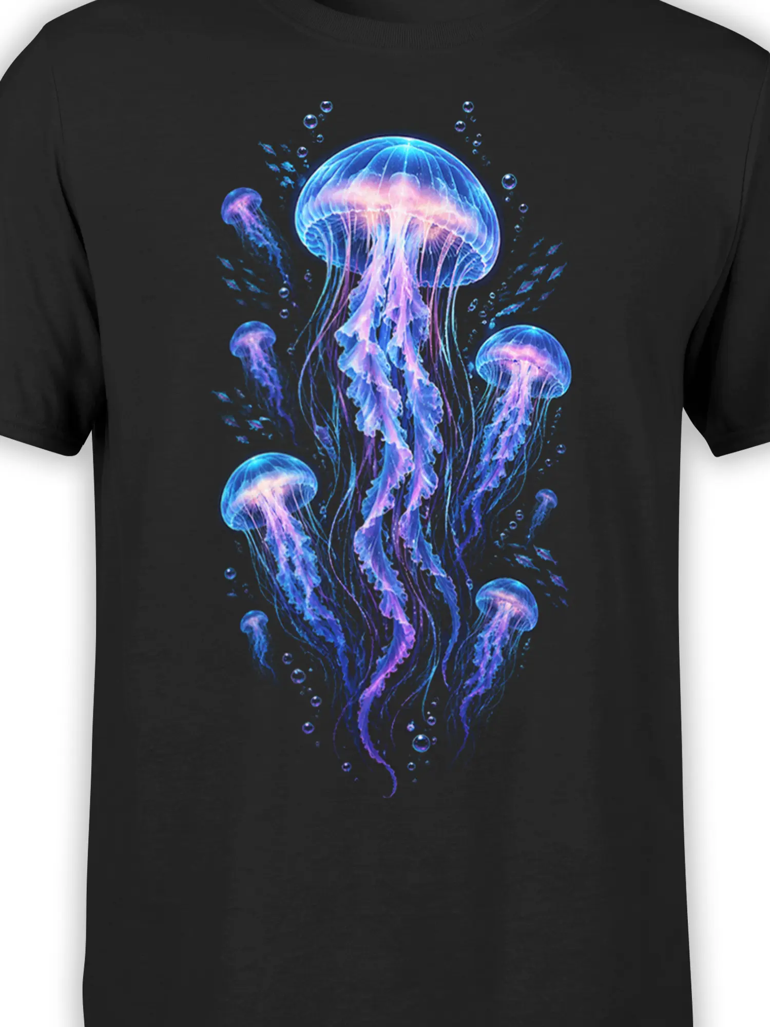 Close-up of glowing blue and purple jellyfish artwork on a black T-shirt