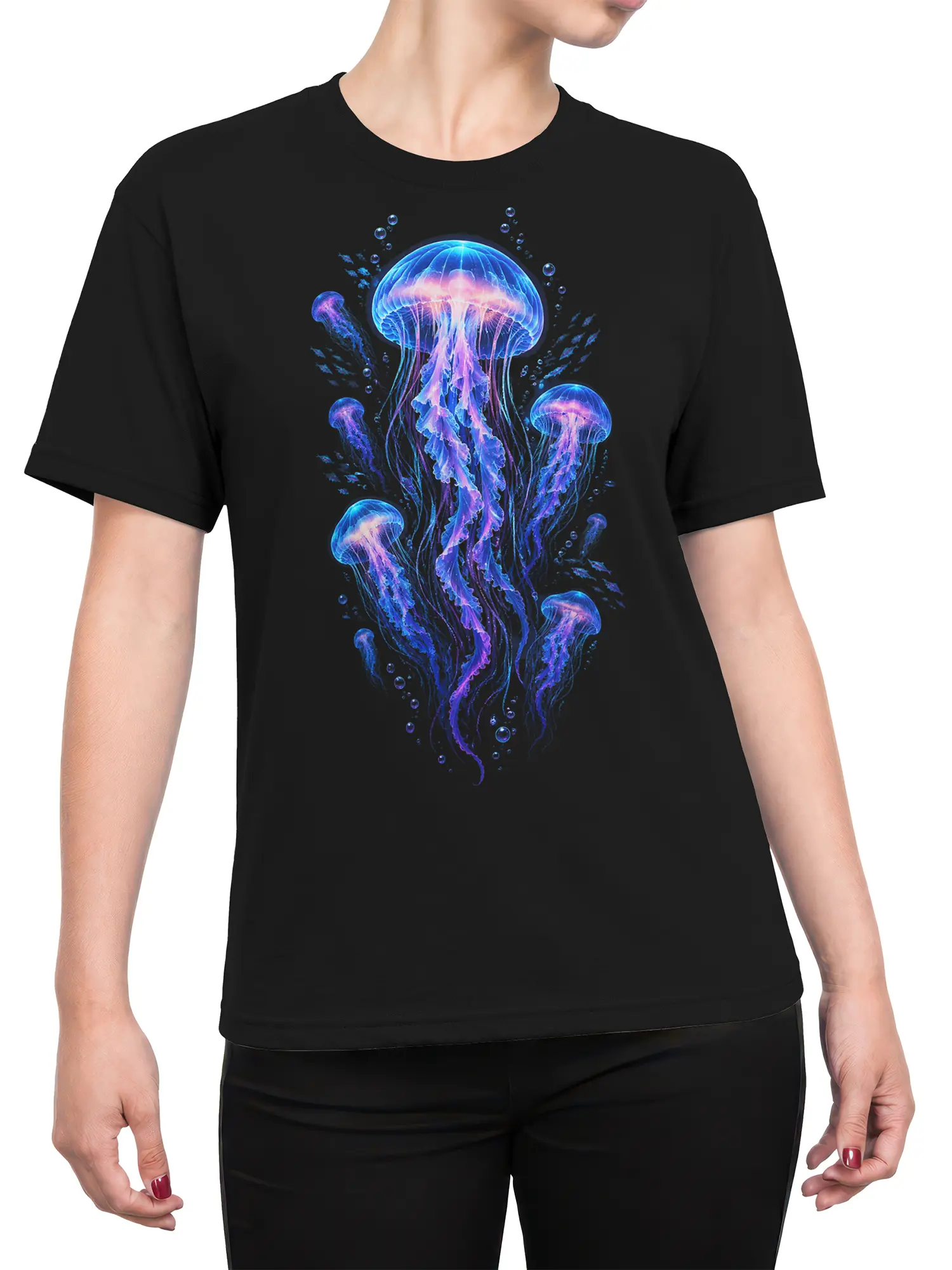 Female torso wearing a black T-shirt with glowing blue and purple jellyfish artwork
