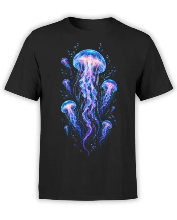 Glowing blue and purple jellyfish drifting across a black graphic T-shirt