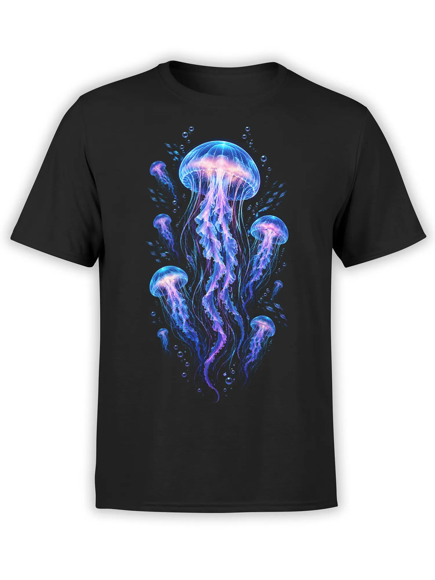 Glowing blue and purple jellyfish drifting across a black graphic T-shirt