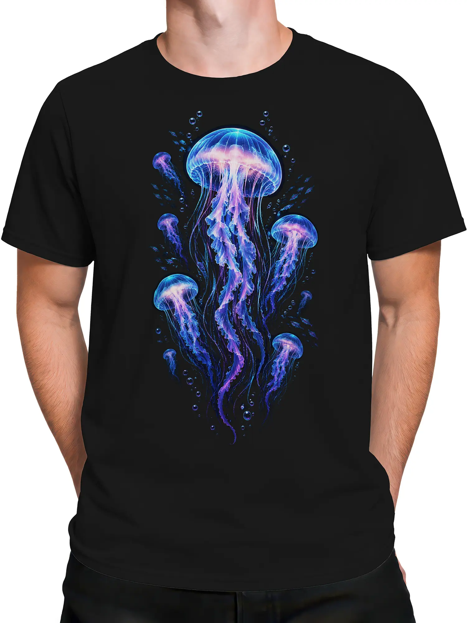 Male torso wearing a black T-shirt with colorful glowing jellyfish artwork
