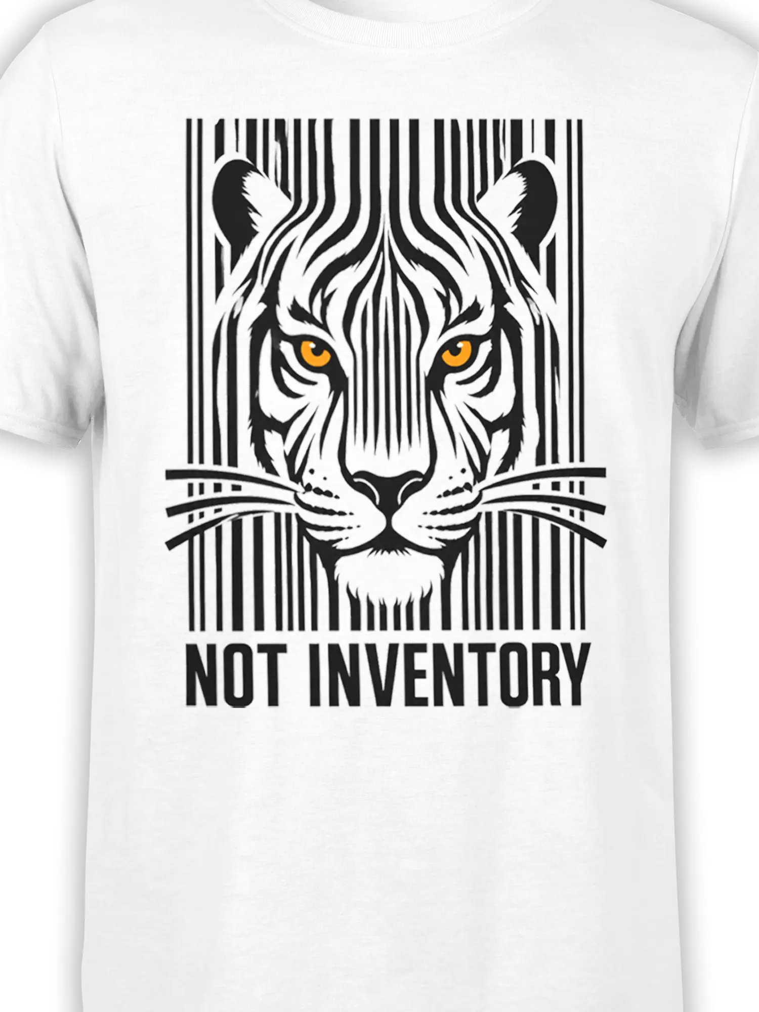 Close-up of tiger graphic on white T-shirt with orange eyes and bold NO INVENTORY lettering