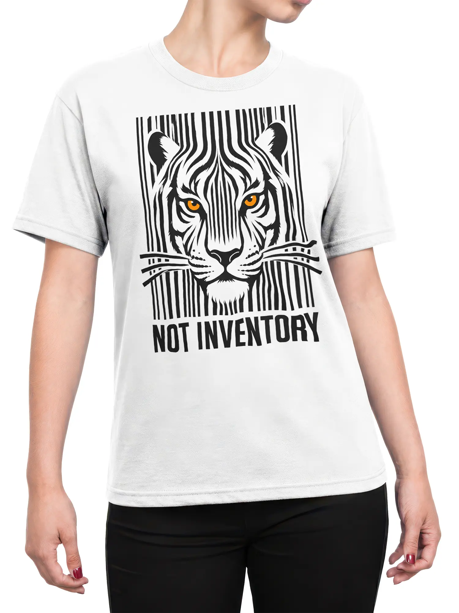 Female torso wearing white tiger T-shirt with barcode stripes and orange-eyed graphic design