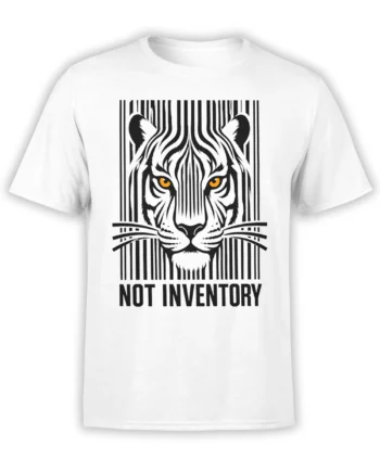 White T-shirt with black-and-white tiger face, orange eyes, barcode stripes, and NO INVENTORY text