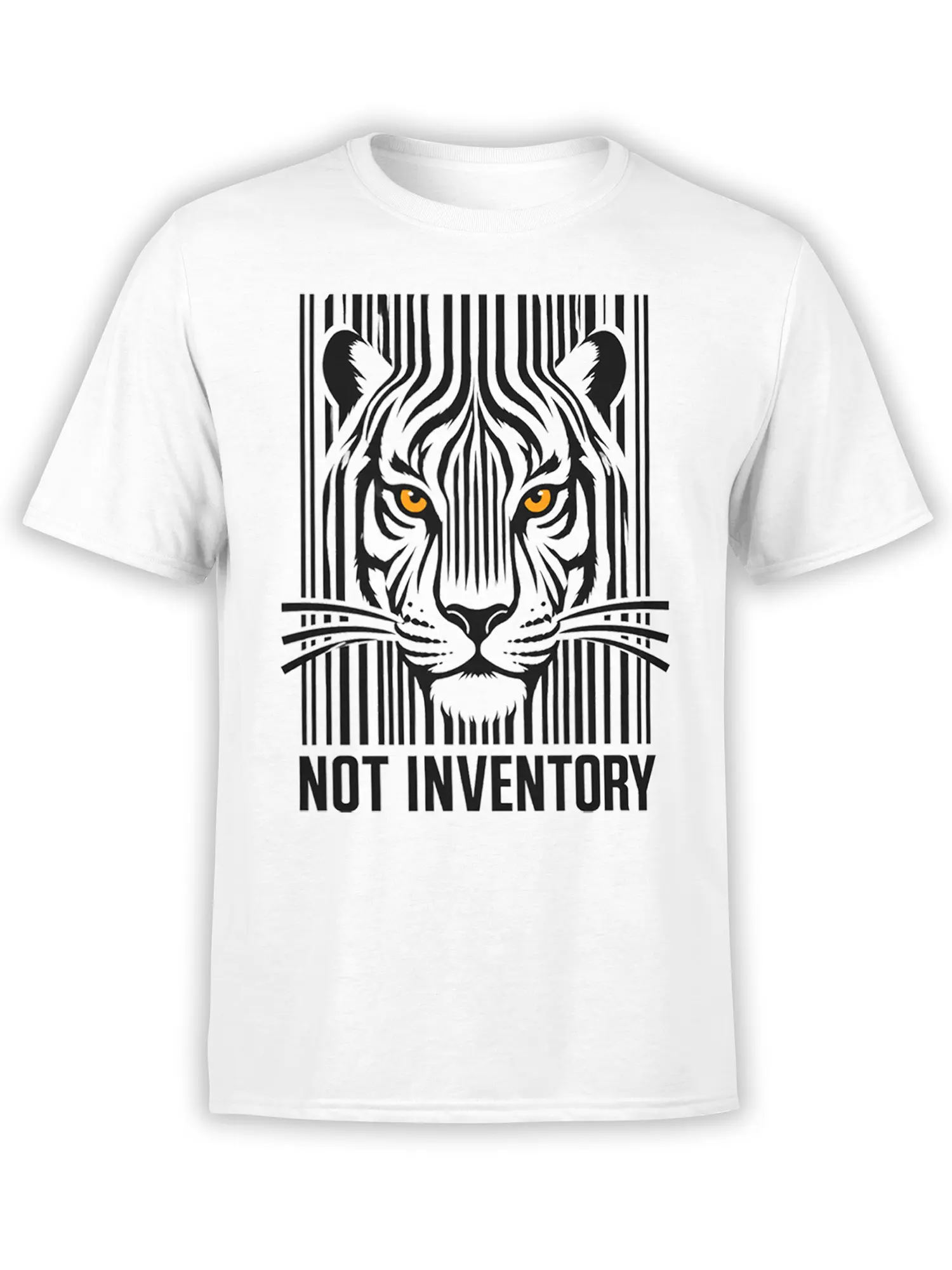 White T-shirt with black-and-white tiger face, orange eyes, barcode stripes, and NO INVENTORY text