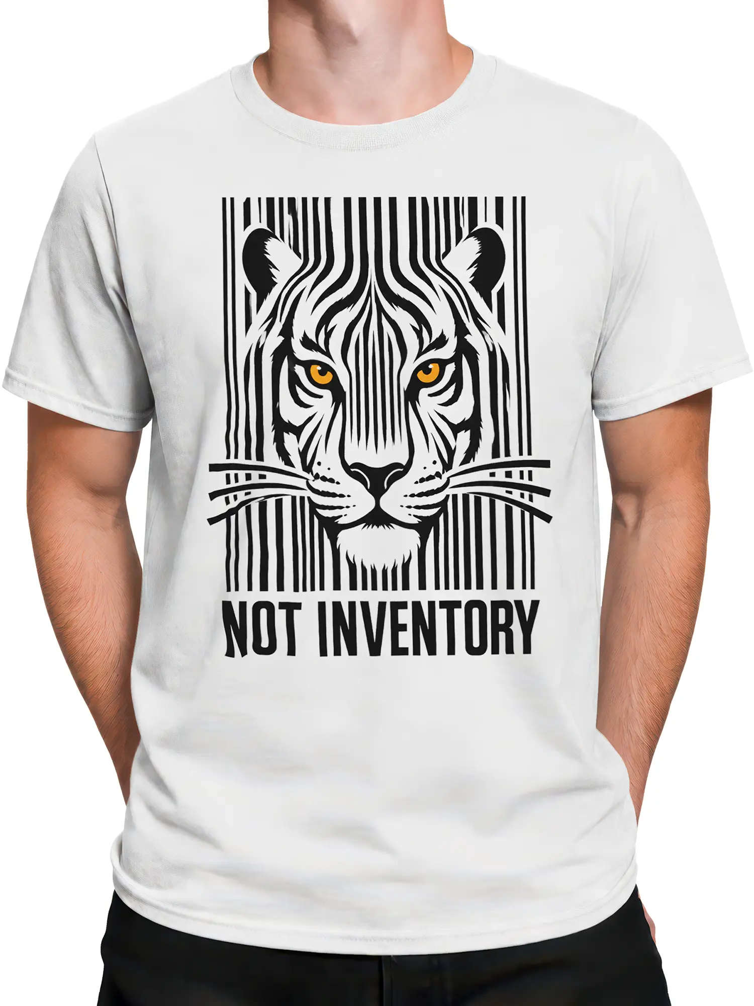 Male torso wearing white T-shirt with bold tiger face, orange eyes, and NO INVENTORY design