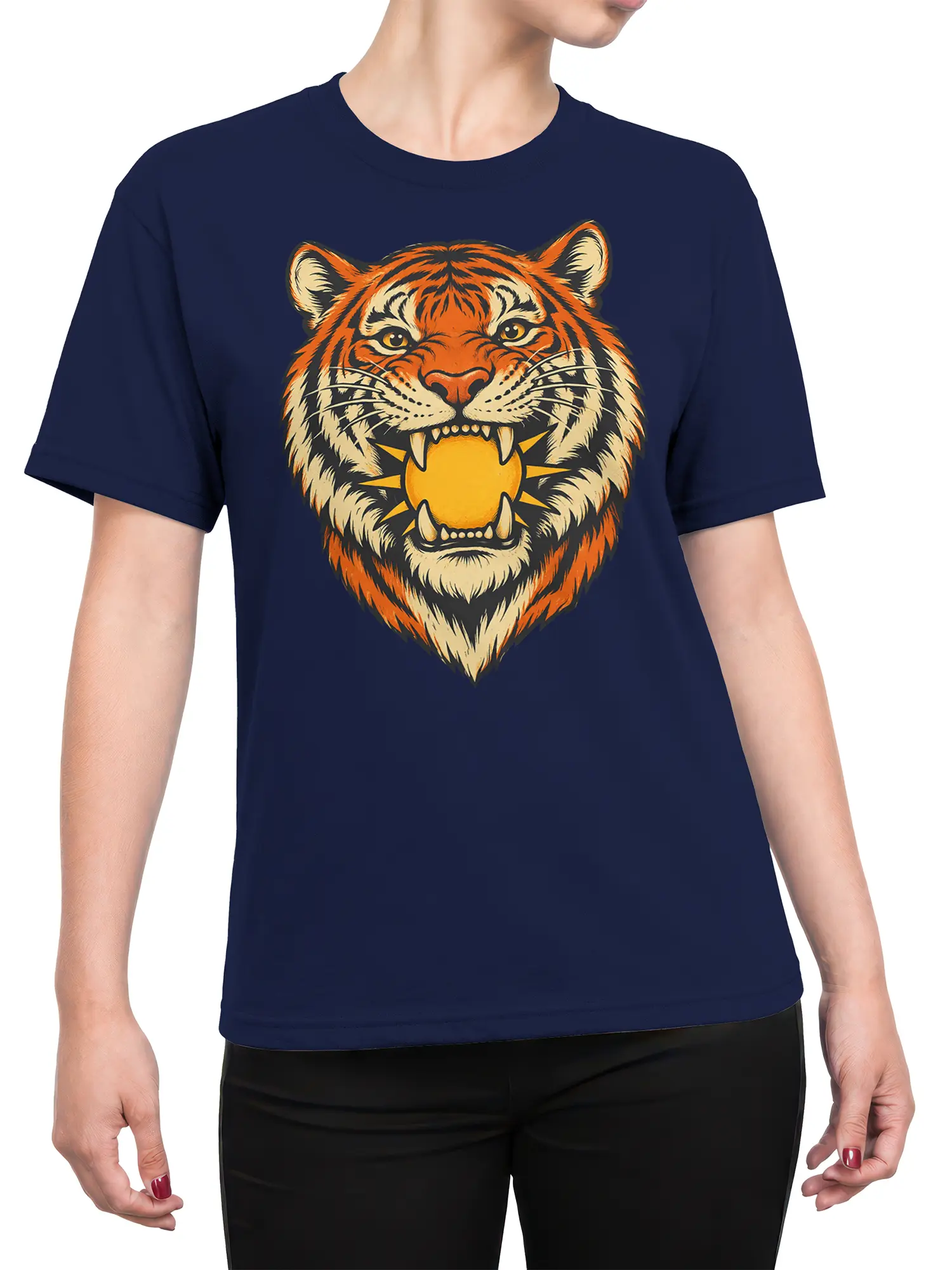 Female torso wearing a navy T-shirt with a bold tiger face and golden sun graphic