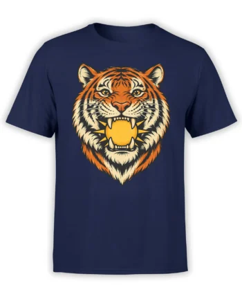 Fierce orange tiger face graphic with a golden sun on a navy T-shirt