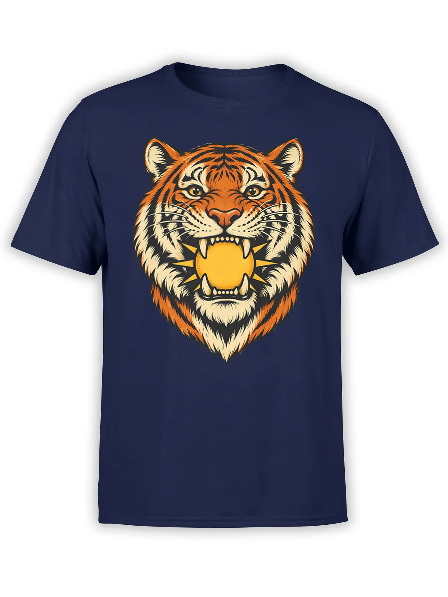 Fierce orange tiger face graphic with a golden sun on a navy T-shirt