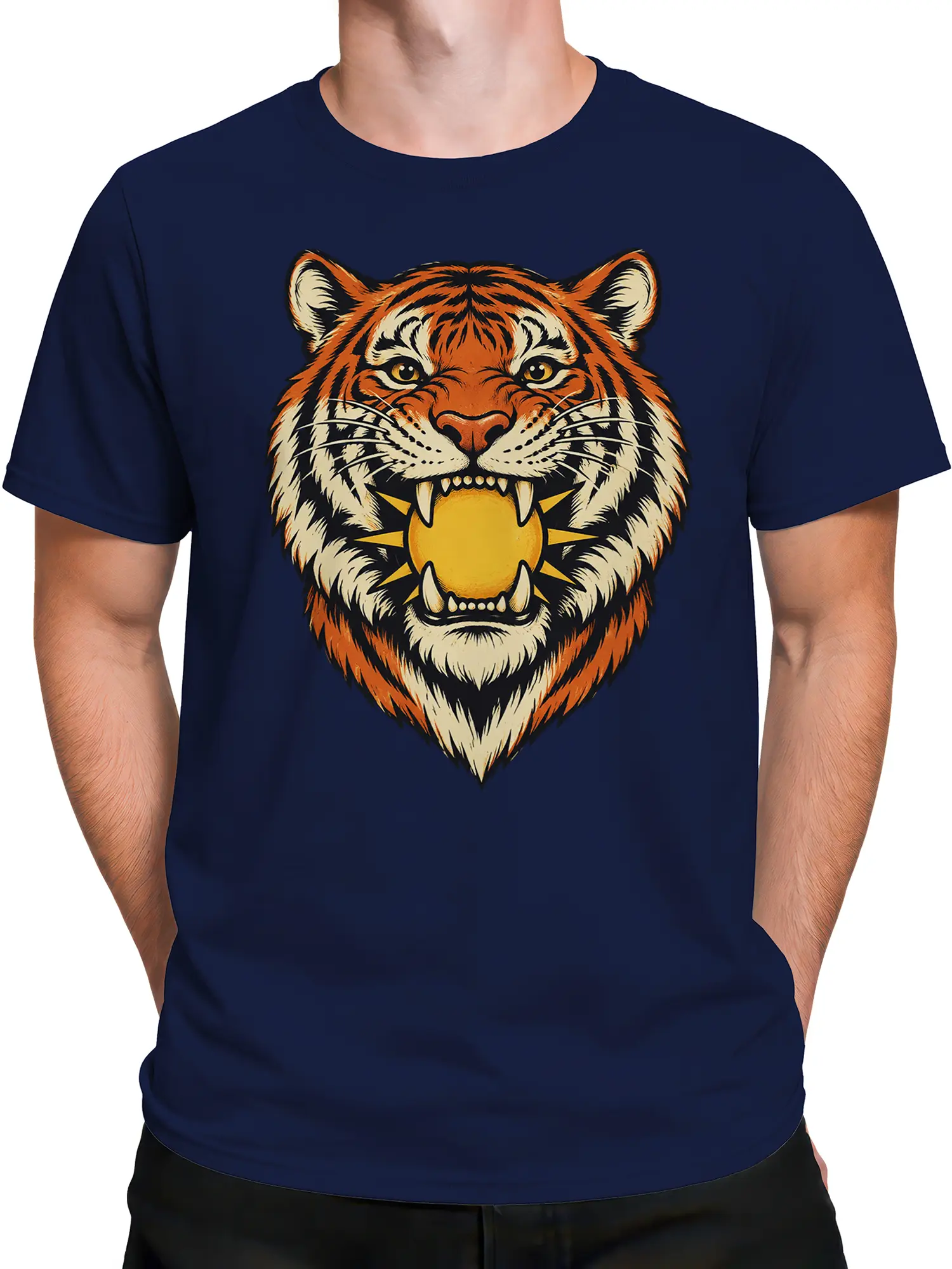 Male torso wearing a navy T-shirt with a fierce orange tiger graphic