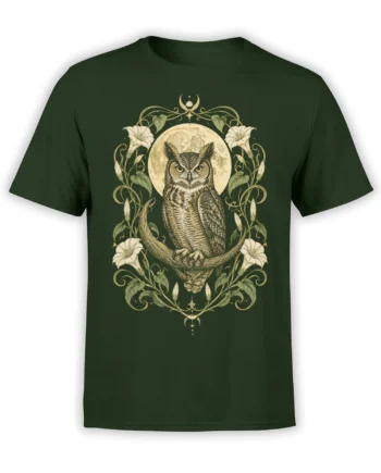 Detailed owl graphic on a dark green T-shirt with a full moon, flowers, vines, and vintage botanical ornaments