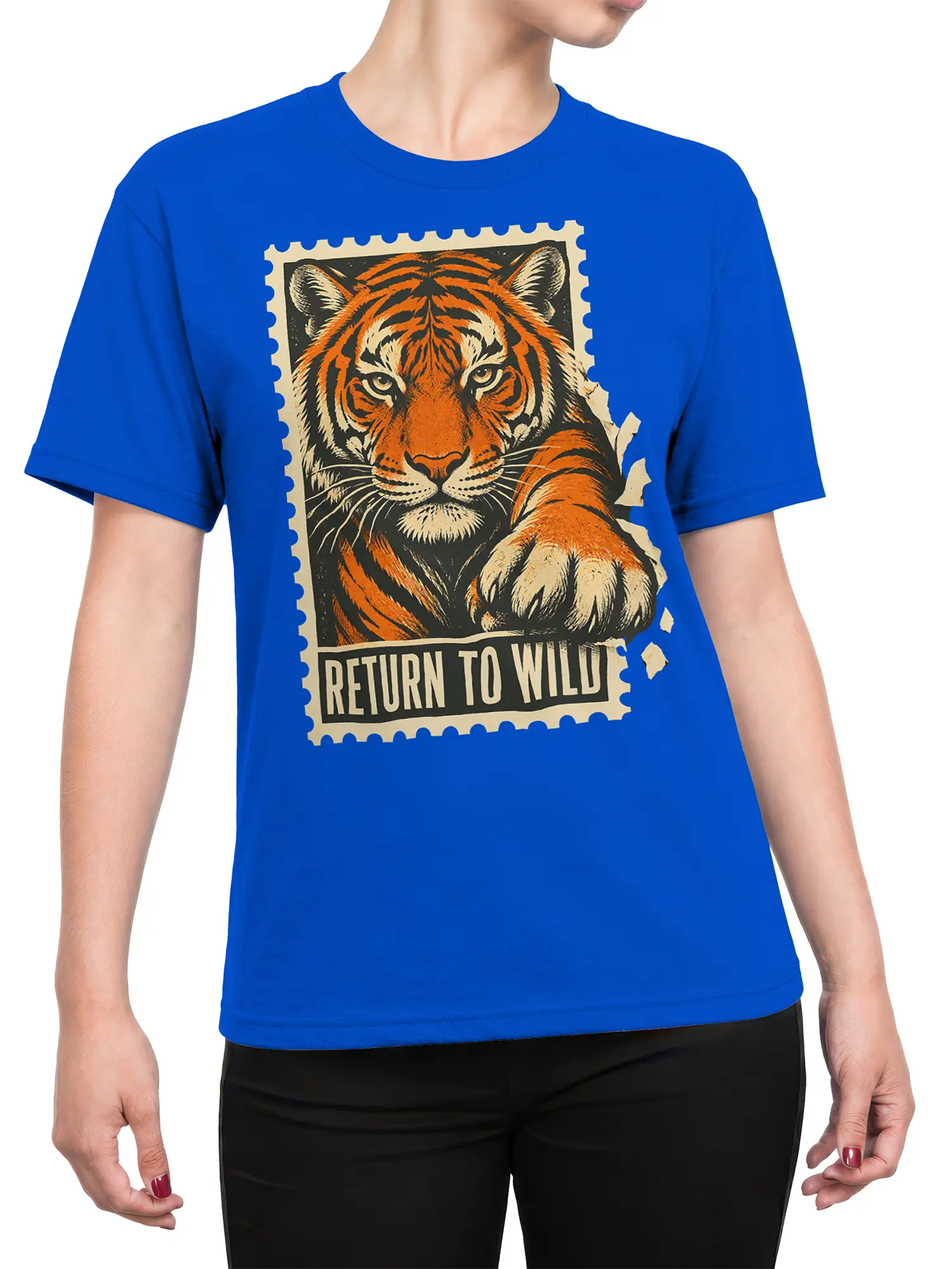 Female torso wearing a blue T-shirt with a vintage tiger and Return to Wild graphic