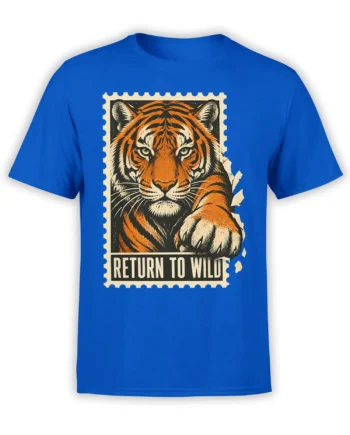 Blue T-shirt with a vintage orange tiger graphic, cream stamp border, and Return to Wild text