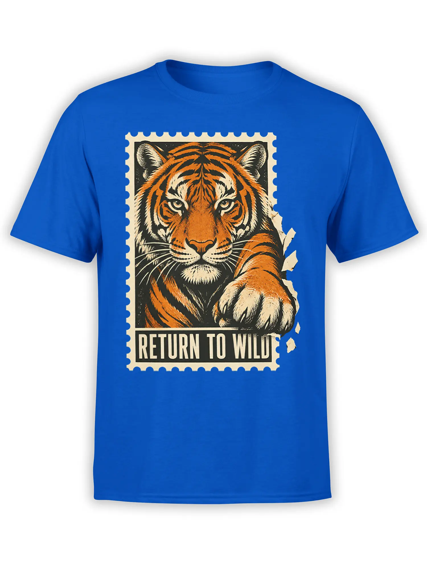 Blue T-shirt with a vintage orange tiger graphic, cream stamp border, and Return to Wild text