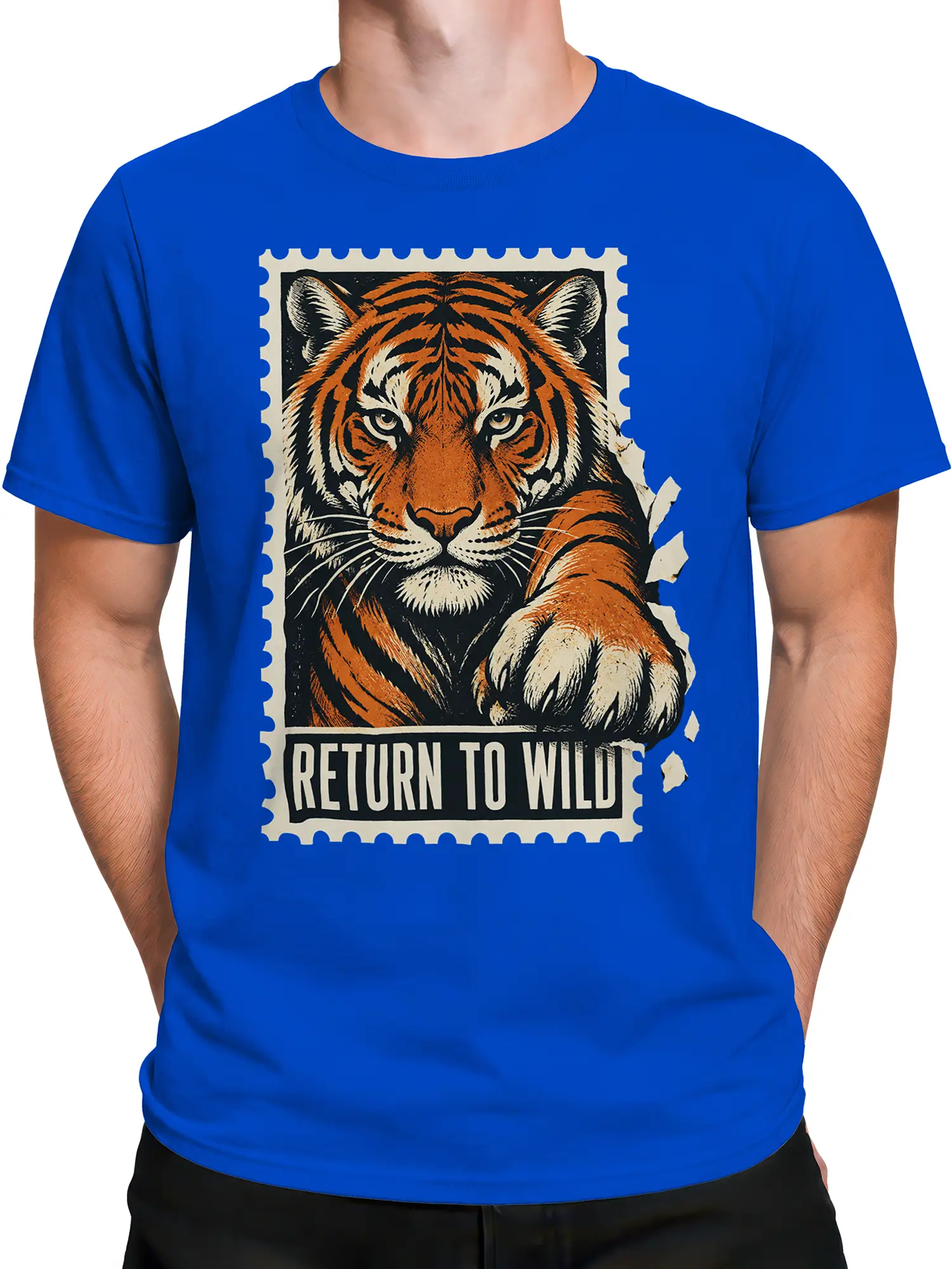 Male torso wearing a blue T-shirt with a bold vintage tiger graphic