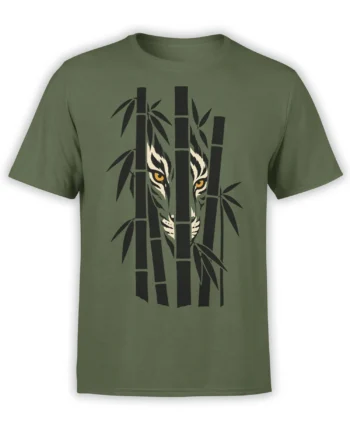 Olive green tiger graphic T-shirt showing amber eyes and a striped face behind dark bamboo stalks