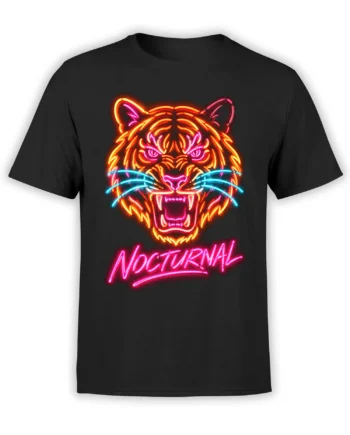 Black T-shirt with a roaring neon tiger face in orange, pink, and blue above NOCTURNAL lettering