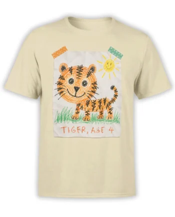 Beige T-shirt with a hand-drawn orange tiger, smiling sun, green grass, and “TIGER, AGE 4” artwork