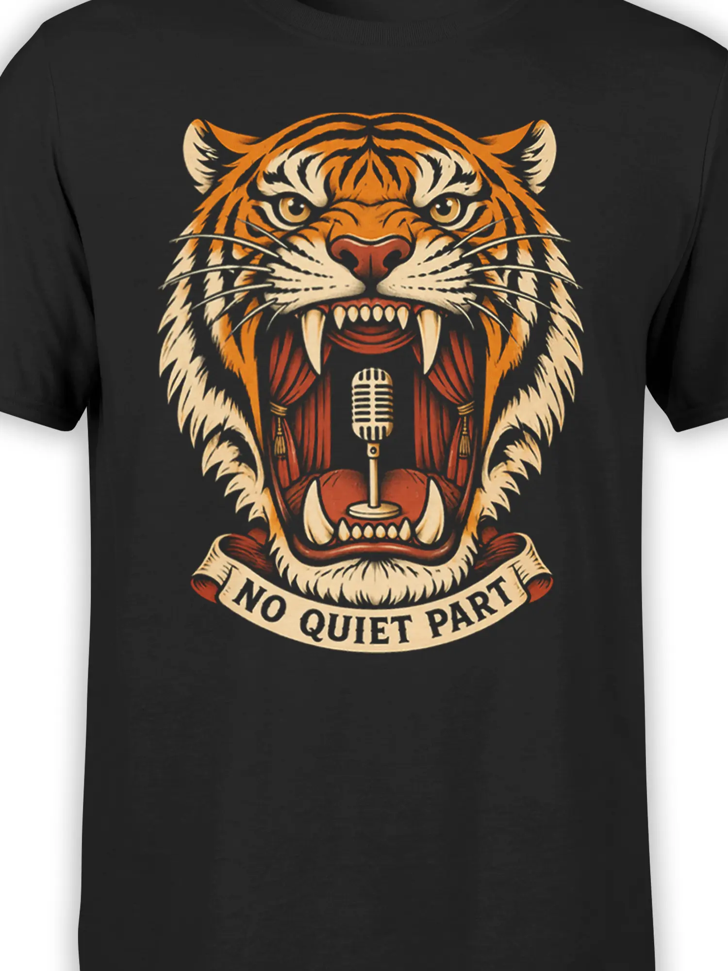 Close-up of roaring tiger microphone artwork with “NO QUIET PARTY” text on black fabric
