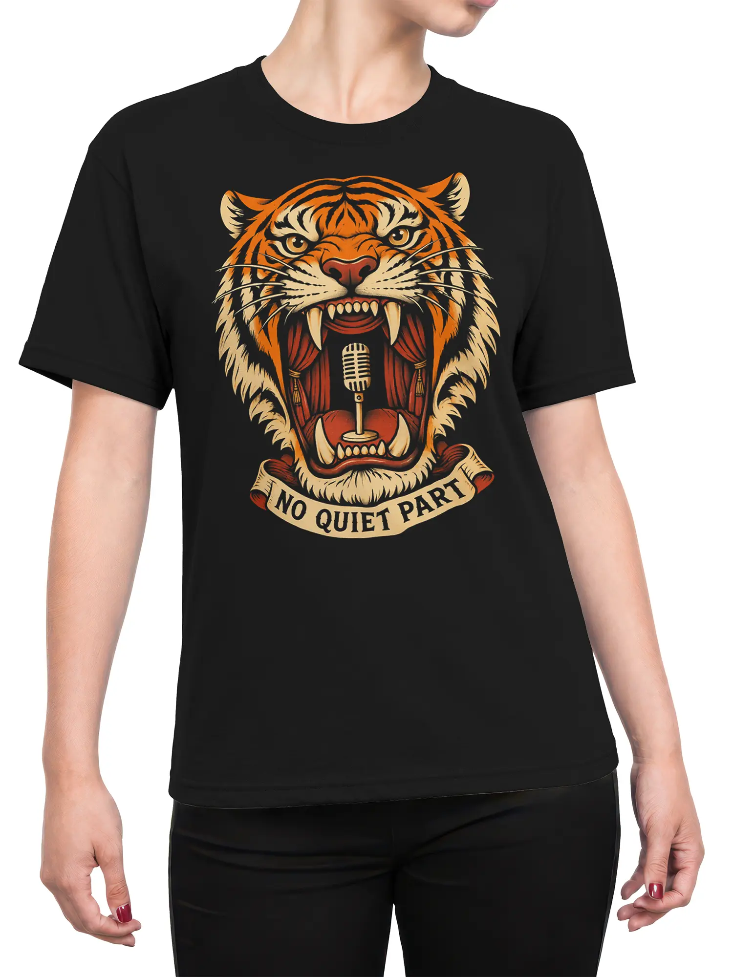 Female torso wearing a black tiger microphone T-shirt with a bold “NO QUIET PARTY” graphic