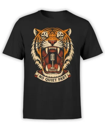 Black T-shirt with a fierce orange tiger, vintage microphone, and “NO QUIET PARTY” banner