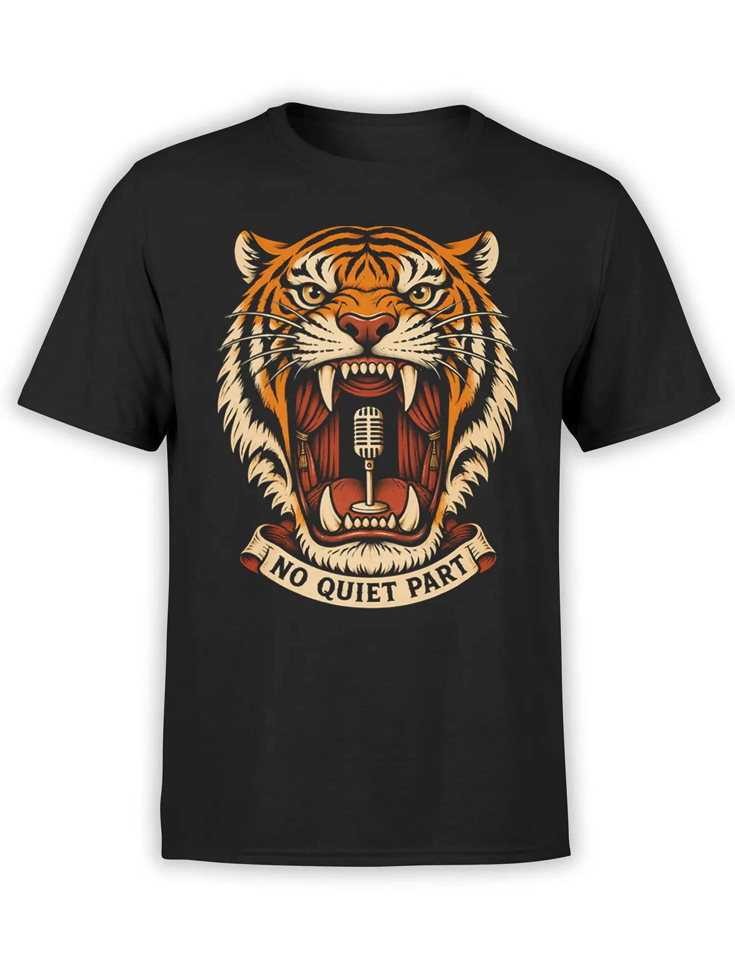 Black T-shirt with a fierce orange tiger, vintage microphone, and “NO QUIET PARTY” banner