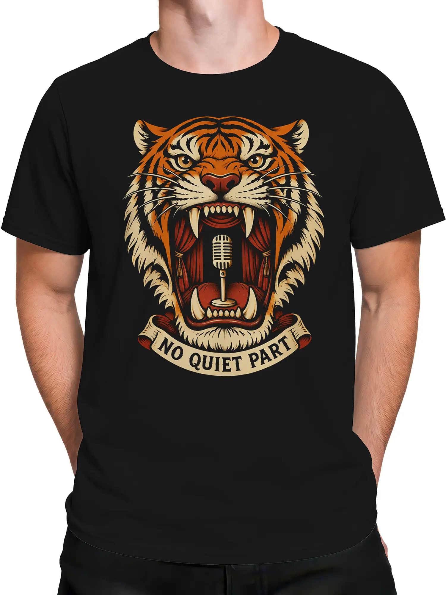 Male torso wearing a black roaring tiger T-shirt with a vintage microphone design