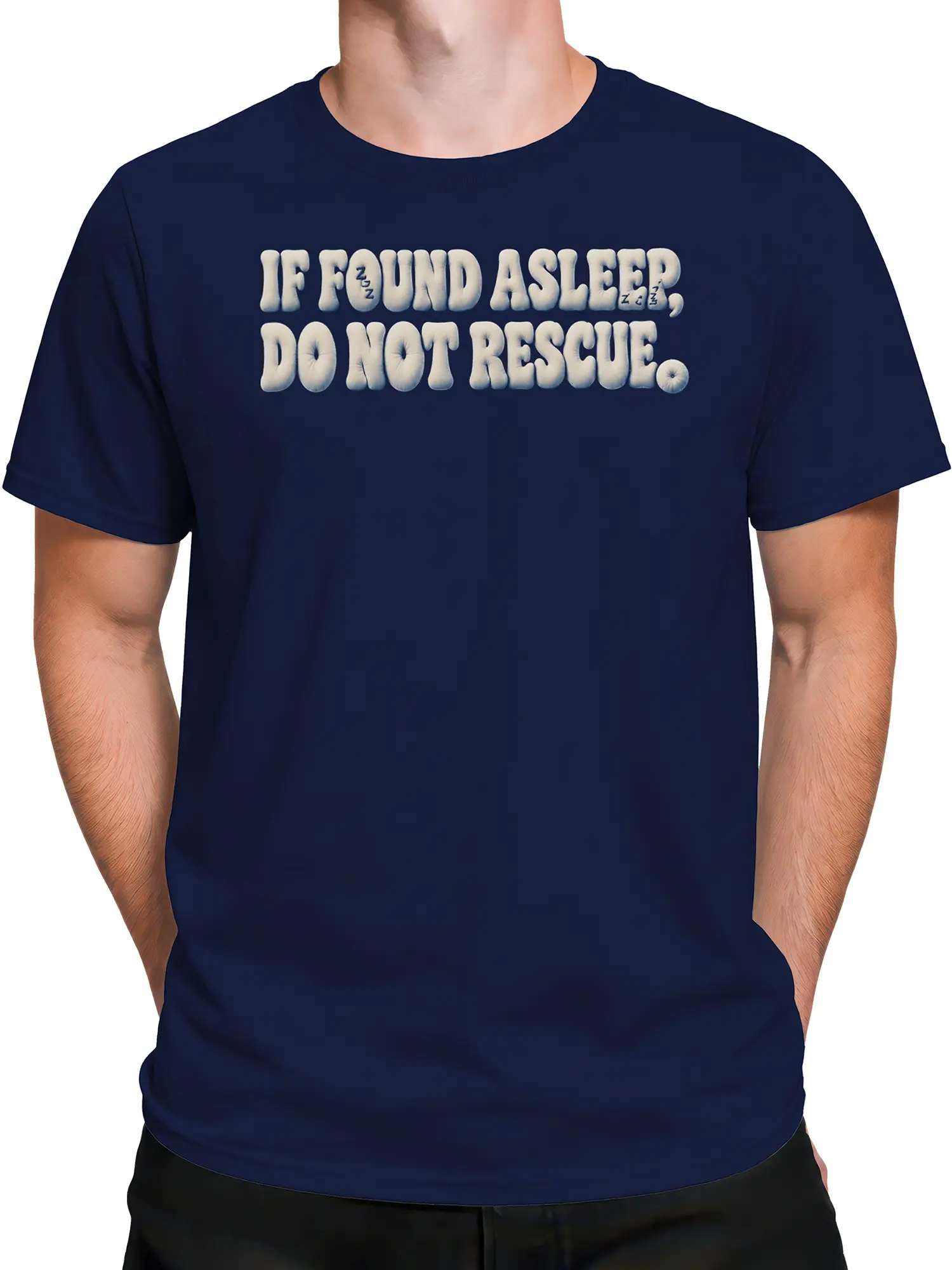 Male torso wearing a navy sleep T-shirt with bold white rescue warning lettering