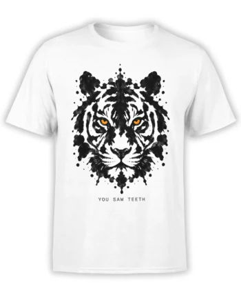 White T-shirt with black inkblot tiger face, orange eyes, and “YOU SAW TEETH” text