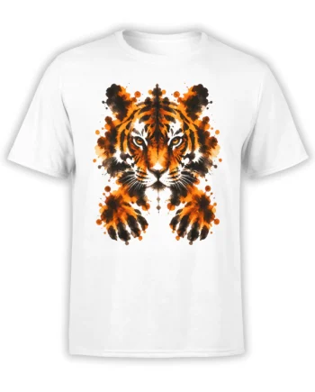 White T-shirt with a bold orange and black tiger face painted in a dramatic splatter style