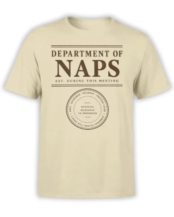 Beige Department of Naps graphic T-shirt with vintage brown lettering and an official business nap seal