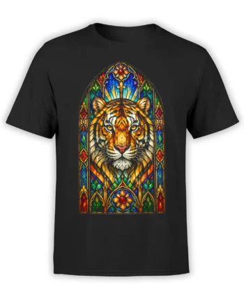 Stained glass tiger portrait with colorful gothic window details on a black graphic T-shirt