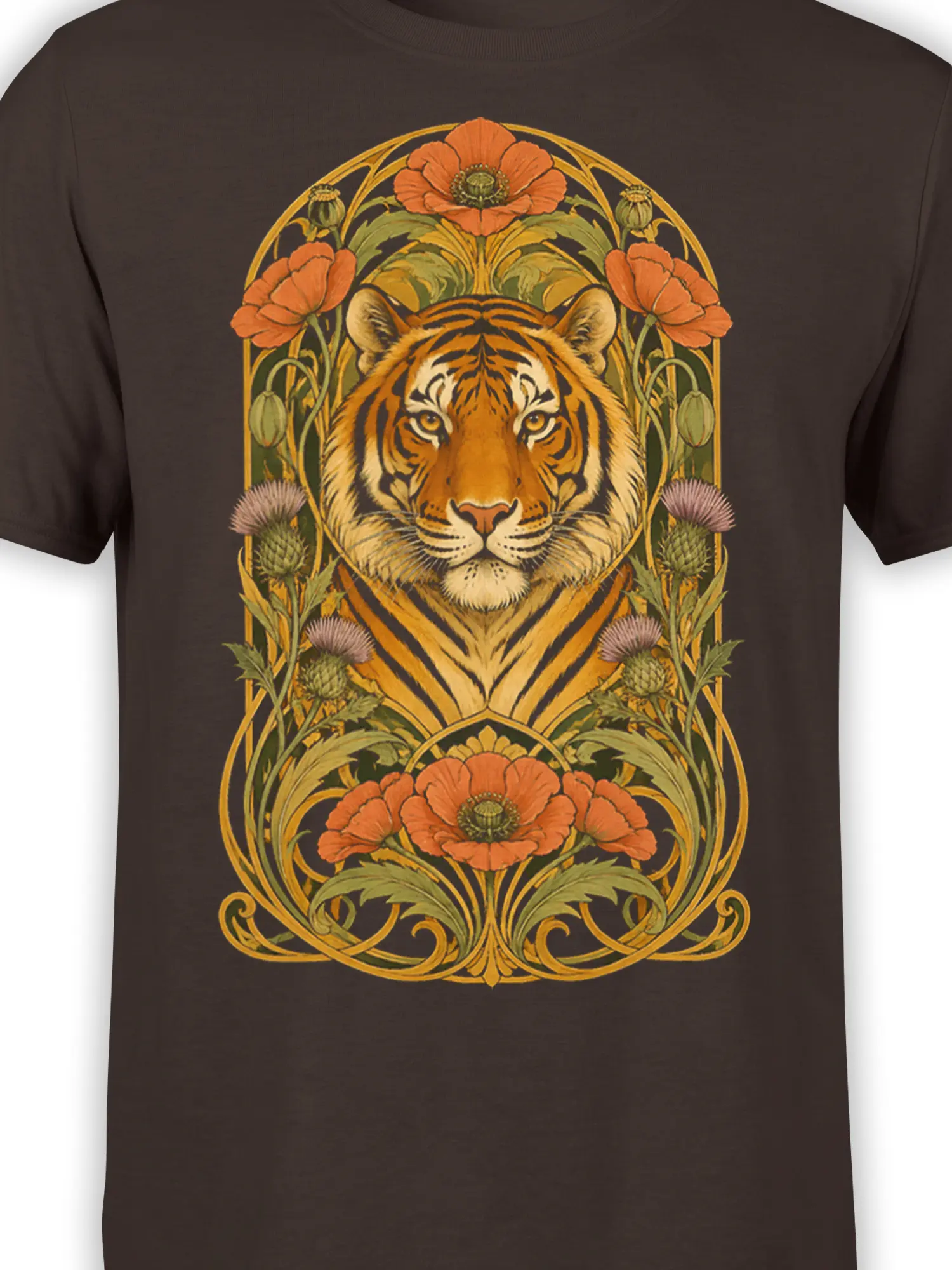Close-up of tiger face and floral art on a brown T-shirt with poppies and ornate golden lines
