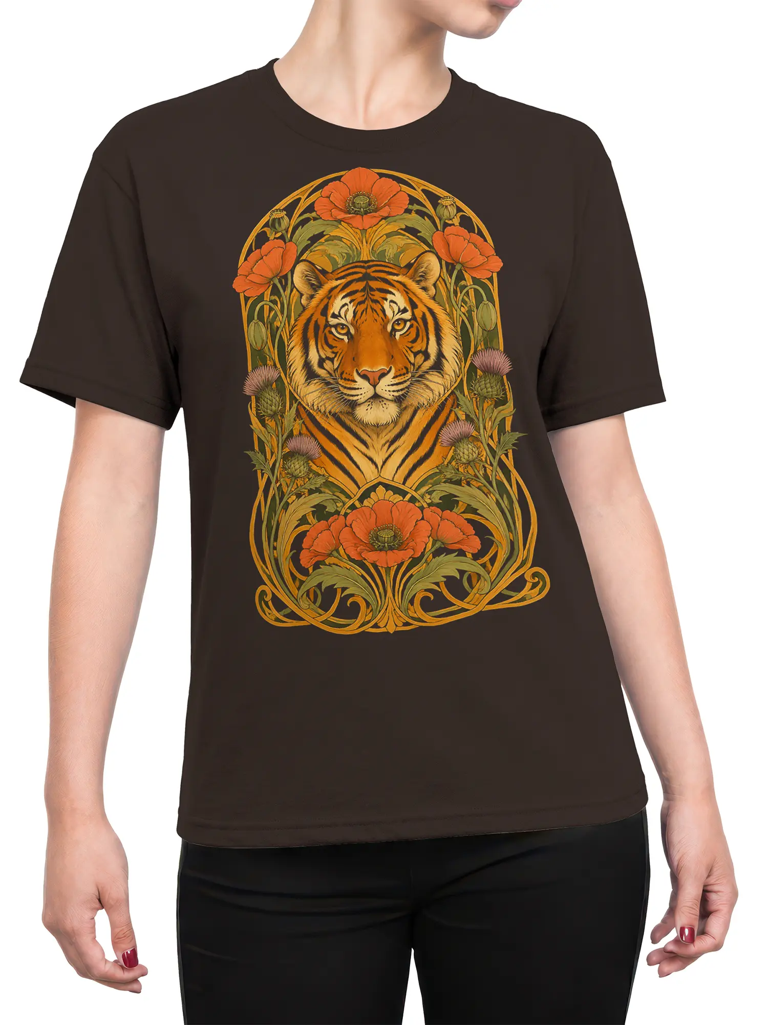 Female torso wearing a brown tiger T-shirt with vintage poppy and botanical artwork