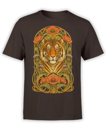 Brown tiger T-shirt with a majestic tiger framed by poppies, thistles, and ornate botanical lines