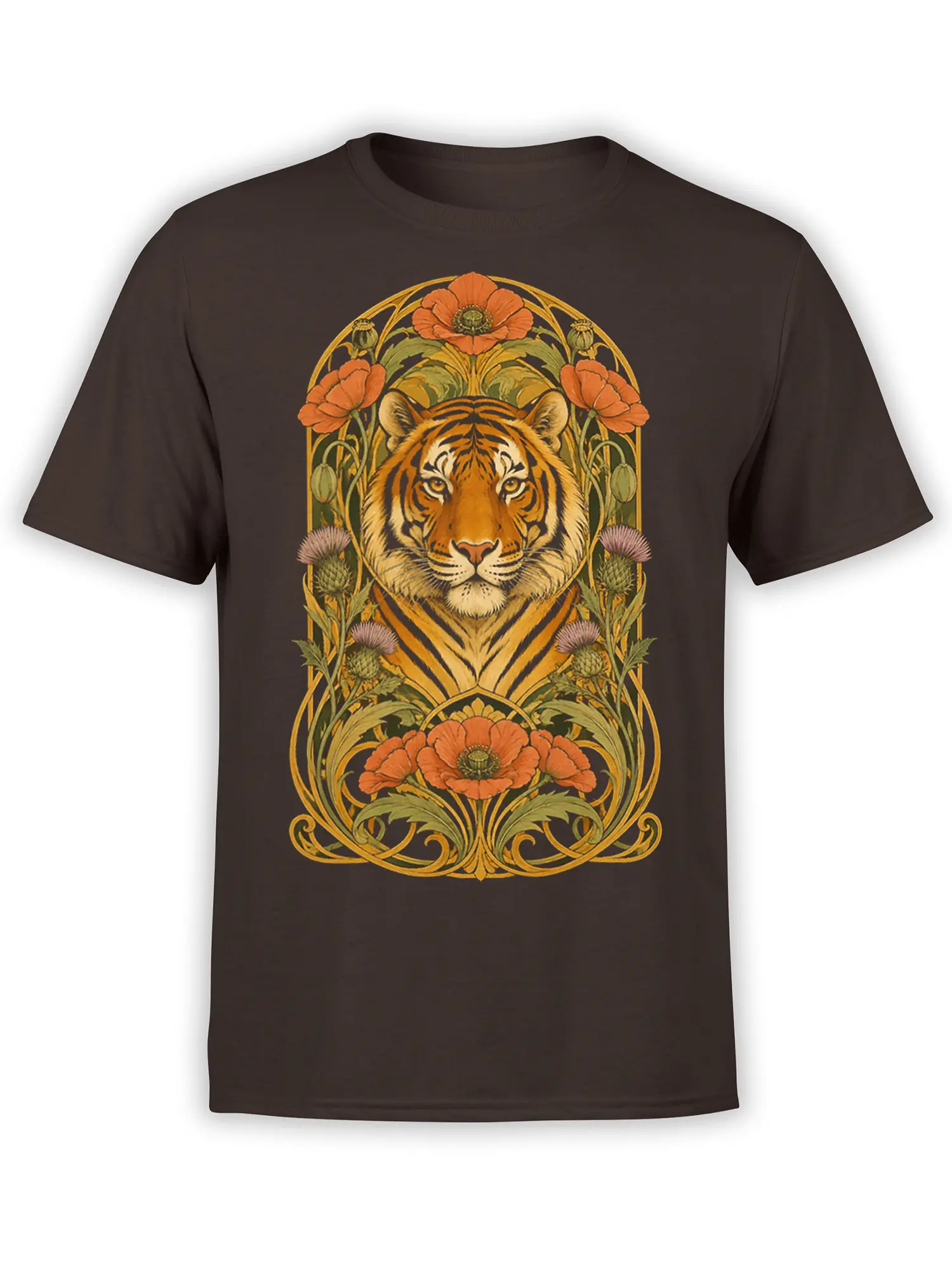 Brown tiger T-shirt with a majestic tiger framed by poppies, thistles, and ornate botanical lines