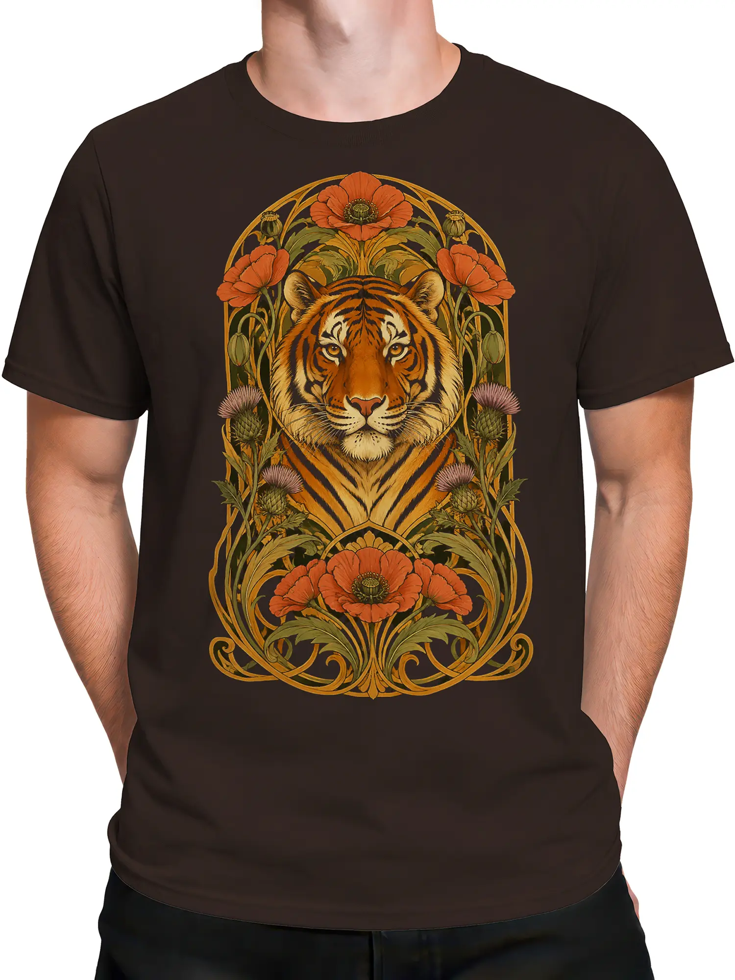 Male torso wearing a brown tiger T-shirt with ornate poppy and wildlife artwork