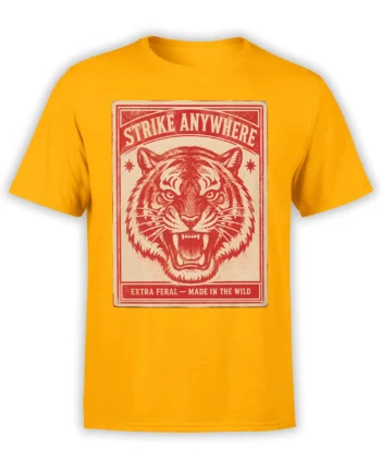 Yellow T-shirt with a roaring red-and-cream tiger and vintage “Strike Anywhere” poster design