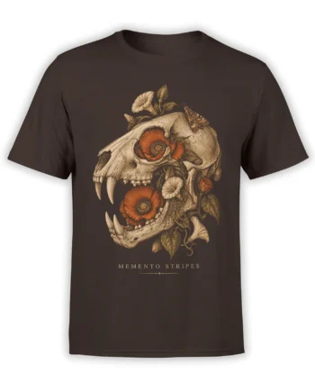 Dark brown T-shirt with a tusked skull, orange poppies, botanical details, moth, and MEMENTO STRIPES text