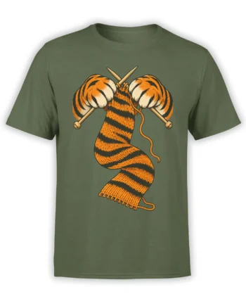 Green T-shirt with an orange-and-black striped cat knitting with crossed needles and trailing yarn