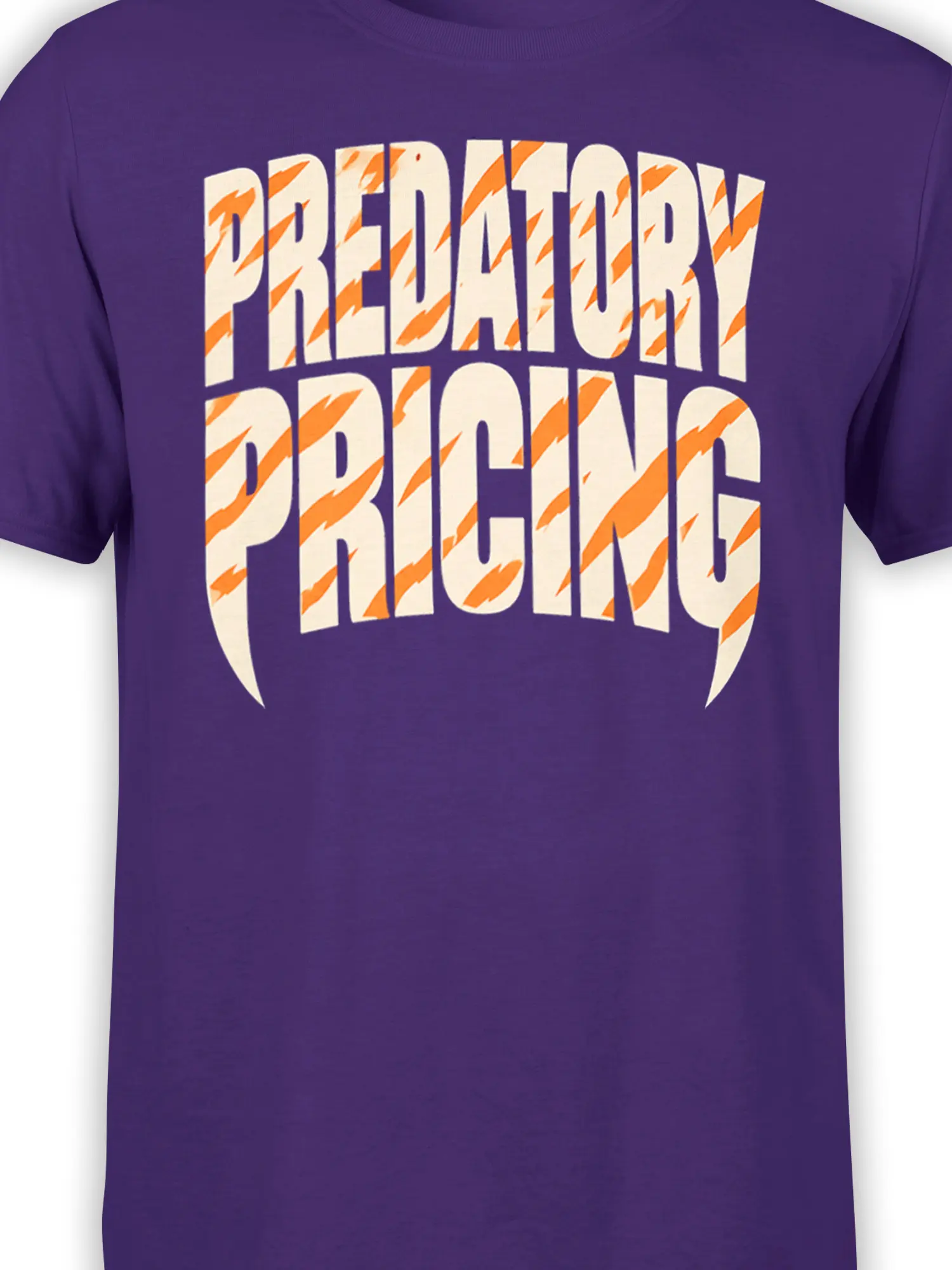 Close-up of cream PREDATORY PRICING lettering with orange stripes on a purple T-shirt
